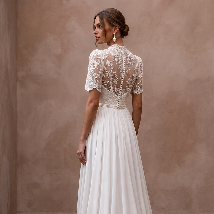 Simple Chiffon Wedding Dress with Short Sleeves for a Civil Wedding
