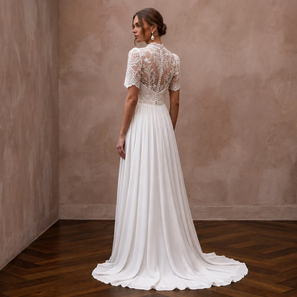 Simple Chiffon Wedding Dress with Short Sleeves for a Civil Wedding