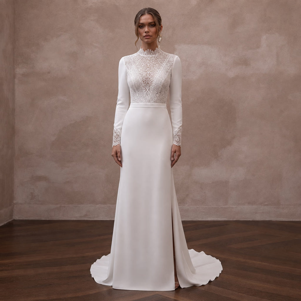 Simple Crepe Bridal Dress for a Mountain Elopement - Apparel & Accessories > Clothing > Wedding & Bridal Party Dresses > Wedding Dresses - Mignonette Bridal