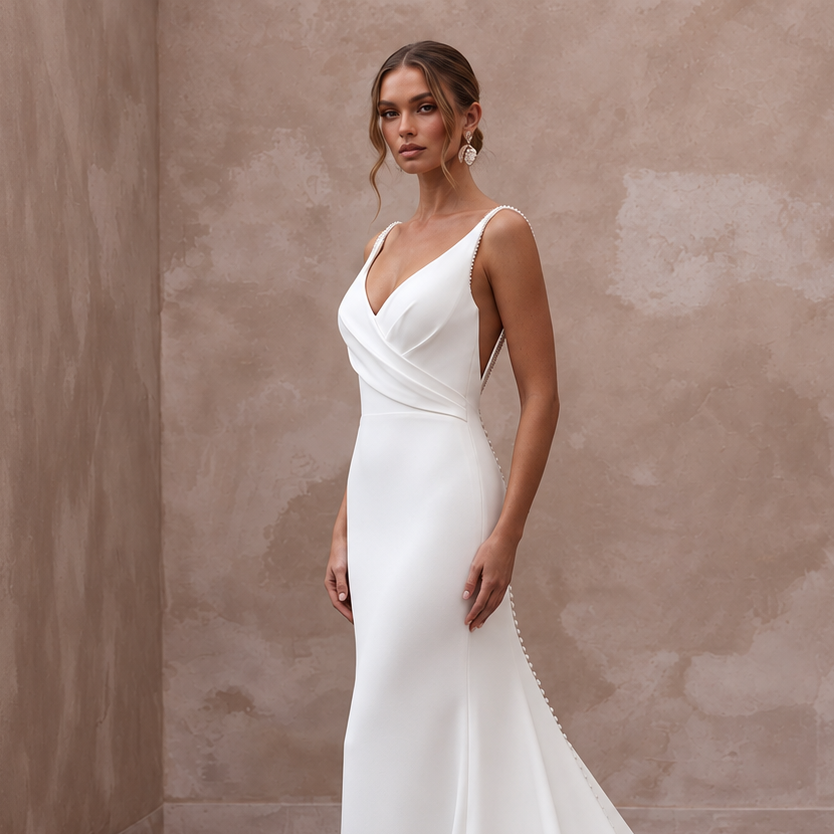 Simple Crepe Bridal Dress with Cathedral Train