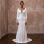 White crepe wedding dress with long sleeves, V-neck, buttoned front, scalloped trim
