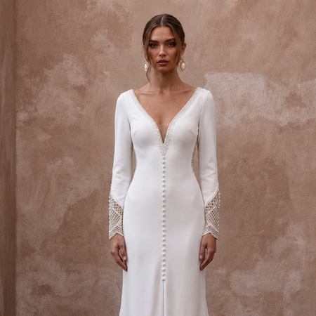 White crepe wedding dress with deep V-neck, long sleeves, beaded row details, lace cuffs