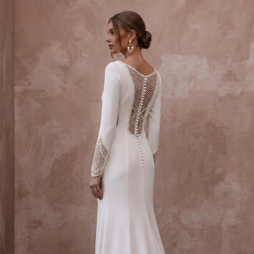 White crepe wedding dress with lace open-back panel, long sleeves, slim fitted skirt