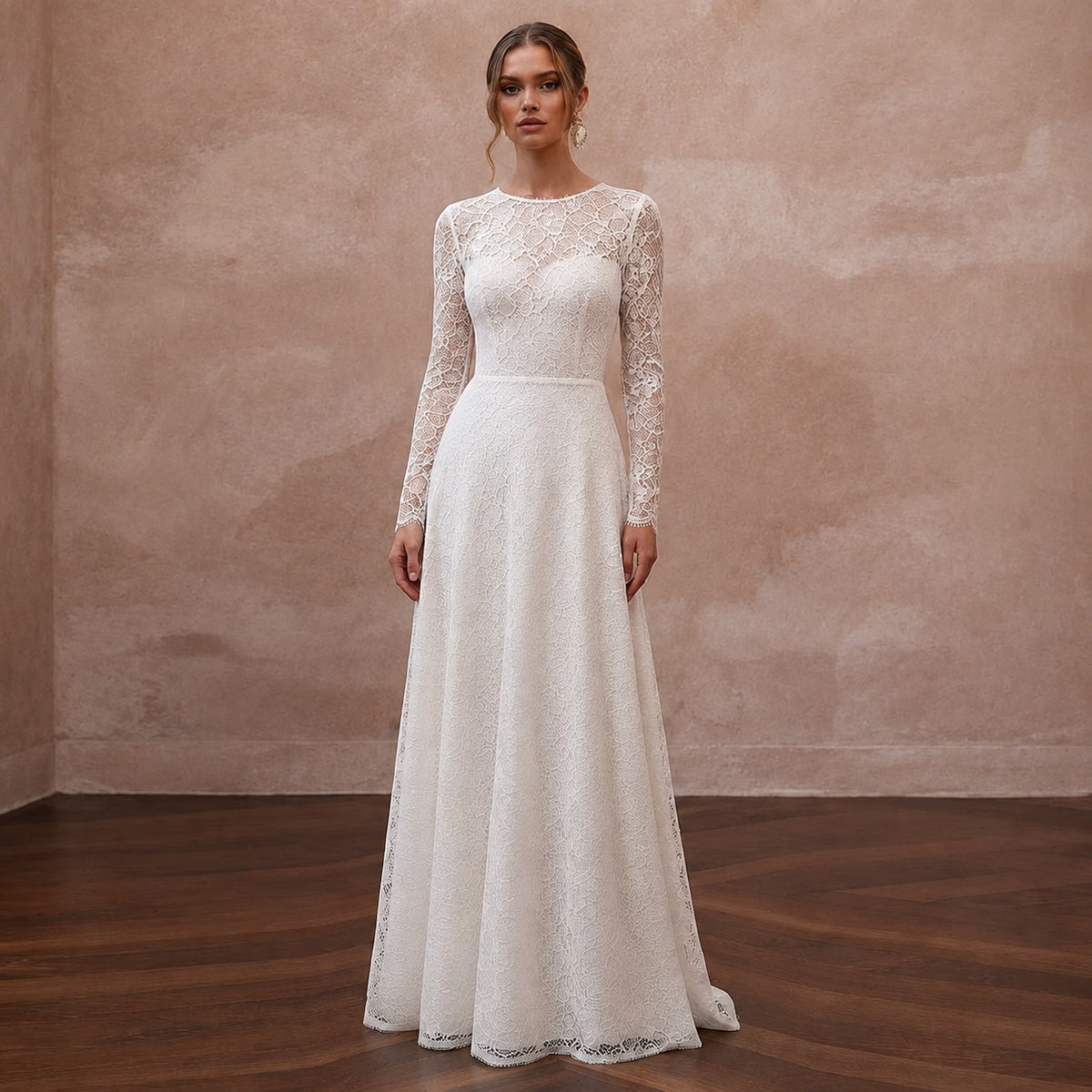 Simple Lace A - Line Bridal Gown with Long Sleeves - Apparel & Accessories > Clothing > Wedding & Bridal Party Dresses > Wedding Dresses - Mignonette Bridal