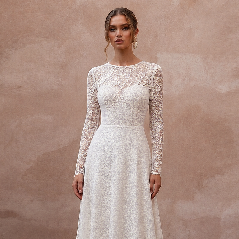 Simple Lace A-Line Bridal Gown with Long Sleeves