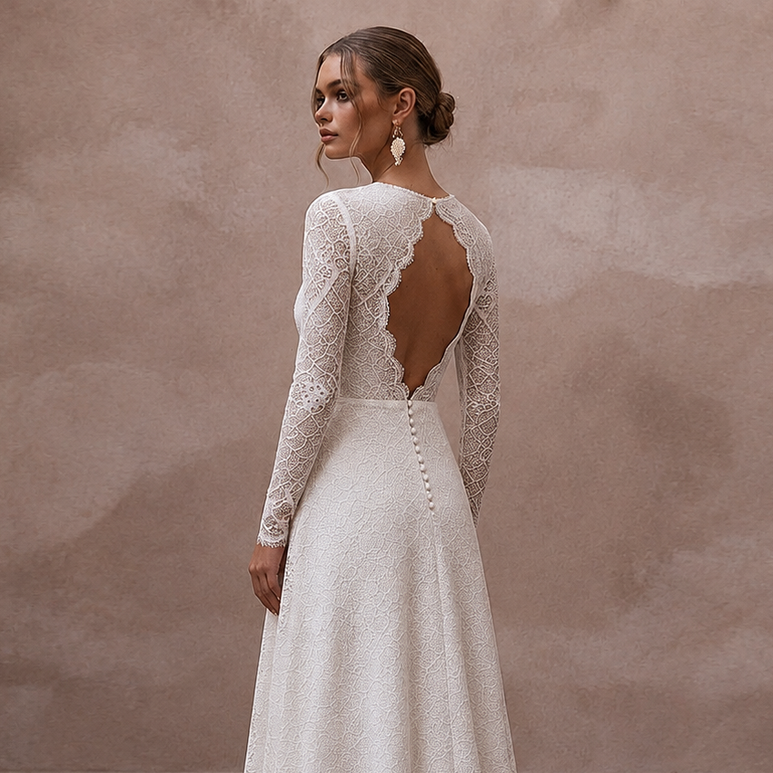 Simple Lace A-Line Bridal Gown with Long Sleeves