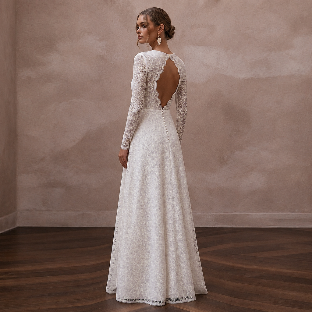 Simple Lace A-Line Bridal Gown with Long Sleeves