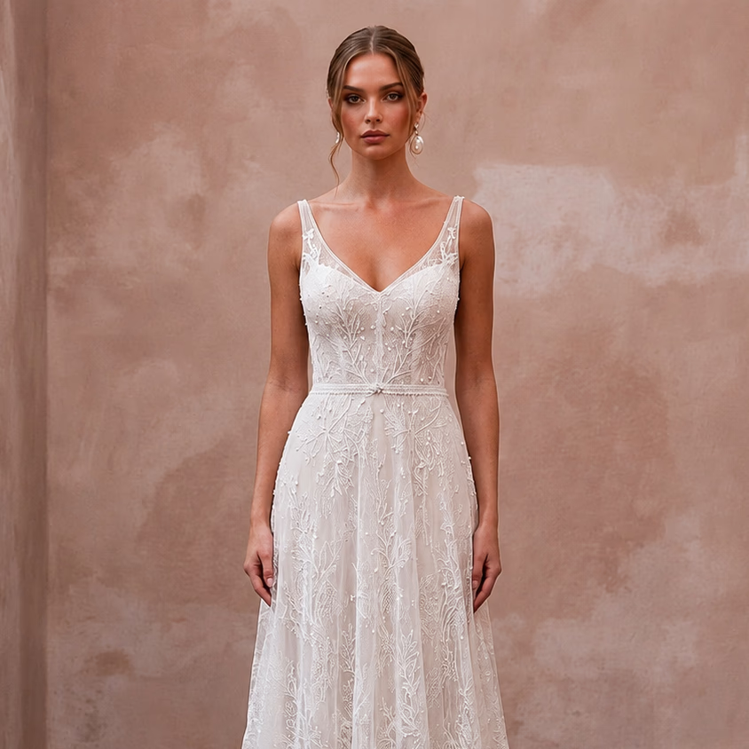 Simple Lace Bridal Gown for a Beach Wedding