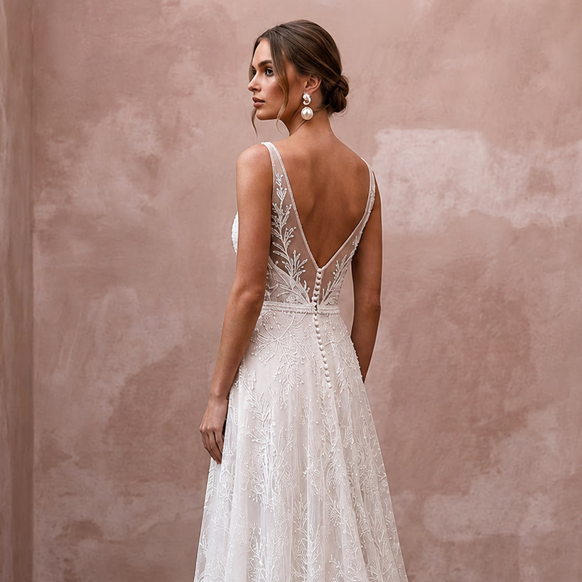 Simple Lace Bridal Gown for a Beach Wedding