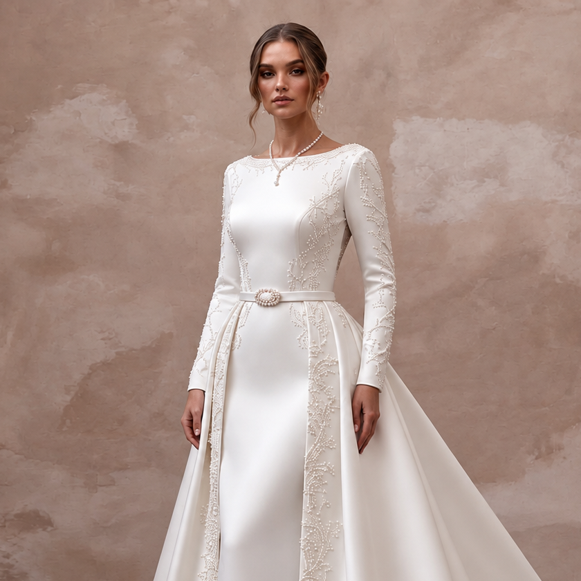 Simple Satin Bridal Dress with Detachable Train