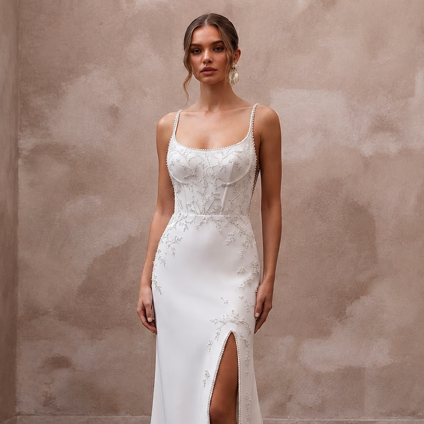 Simple Satin Sheath Wedding Dress for a Beach Wedding