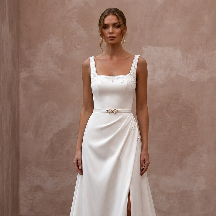 Simple Satin Wedding Gown for a Destination Resort Wedding
