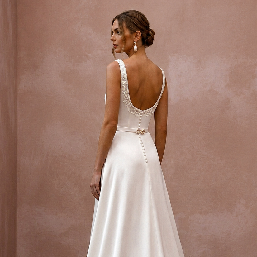 Simple Satin Wedding Gown for a Destination Resort Wedding