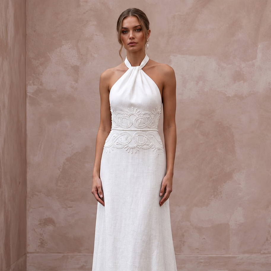 Simple White Linen Halter Bridal Dress for Post-Wedding Beach Brunch