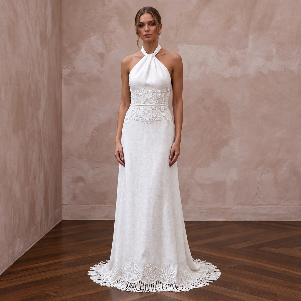 Simple White Linen Halter Bridal Dress for Post-Wedding Beach Brunch
