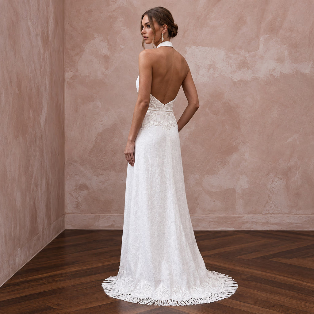 Simple White Linen Halter Bridal Dress for Post-Wedding Beach Brunch