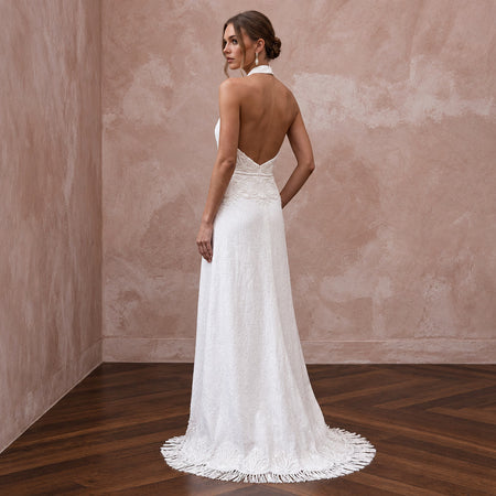 Simple White Linen Halter Bridal Dress for Post-Wedding Beach Brunch