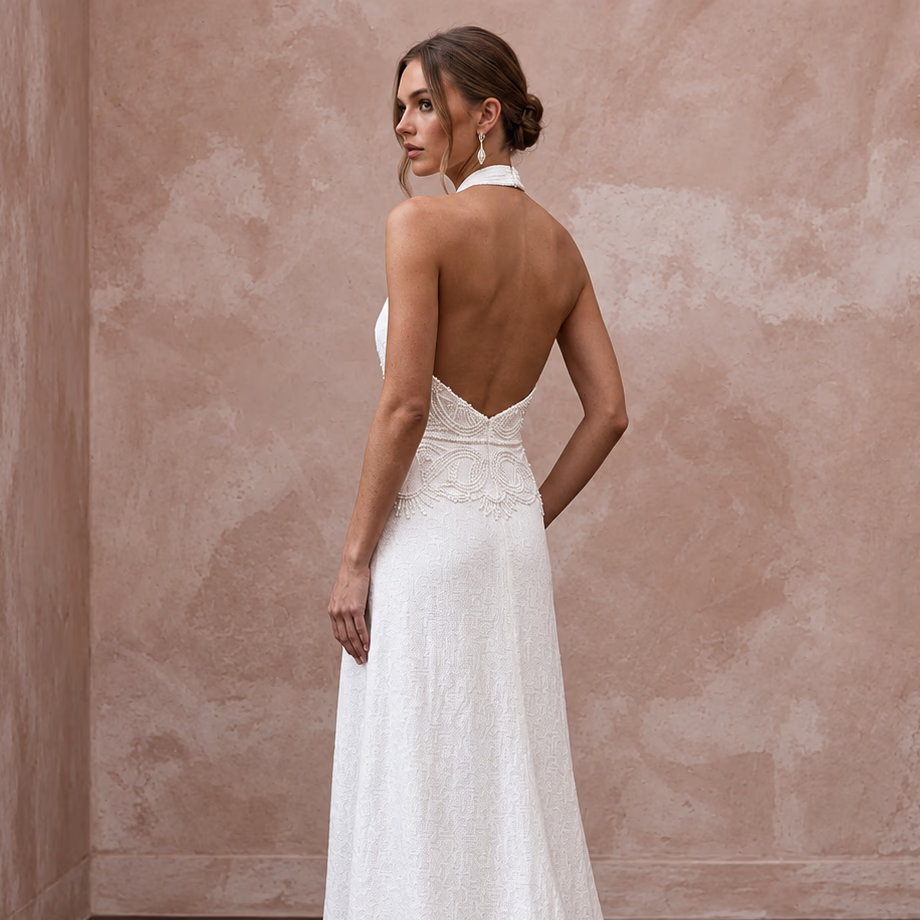 Simple White Linen Halter Bridal Dress for Post-Wedding Beach Brunch