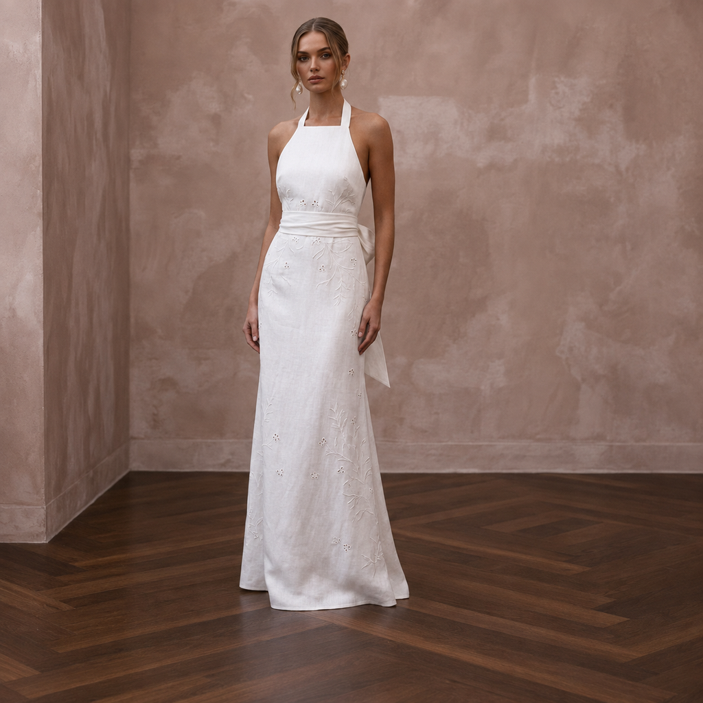 Simple White Linen Halter Dress for Post-Wedding Beach Brunch