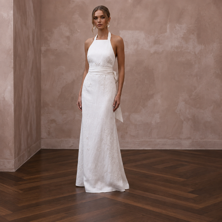 Simple White Linen Halter Dress for Post-Wedding Beach Brunch