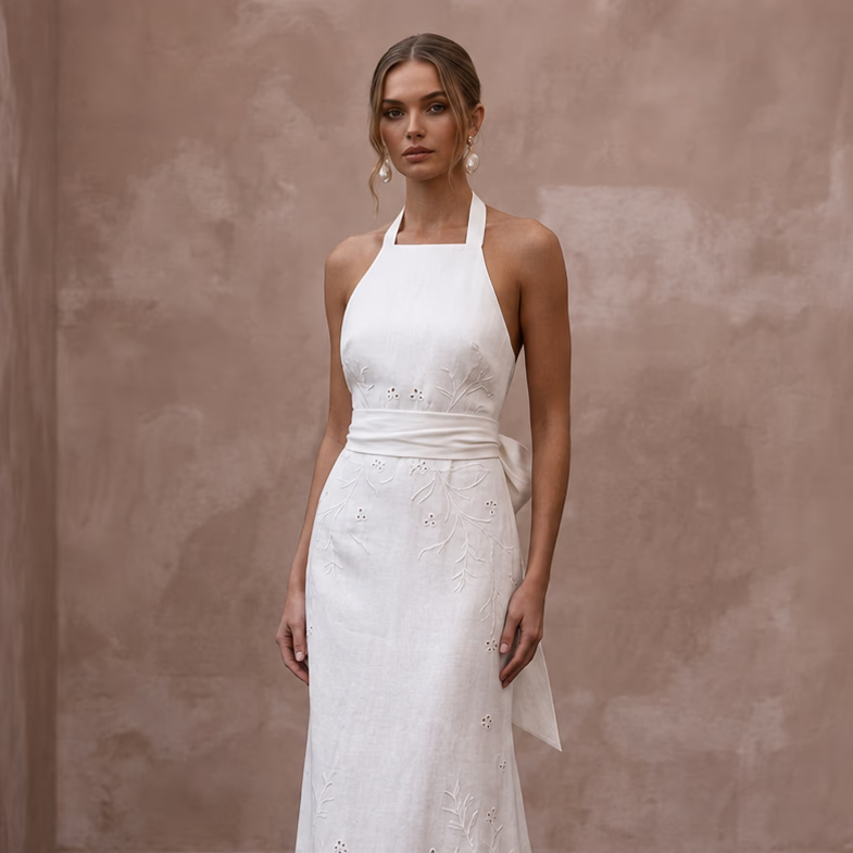 Simple White Linen Halter Dress for Post - Wedding Beach Brunch - Apparel & Accessories > Clothing > Wedding & Bridal Party Dresses > Wedding Dresses - Mignonette Bridal