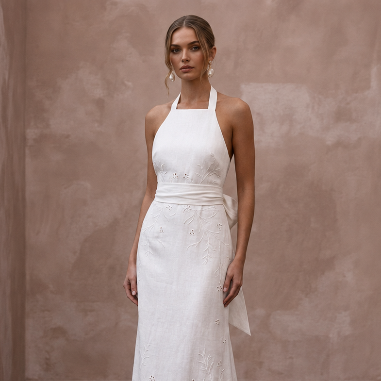 Simple White Linen Halter Dress for Post-Wedding Beach Brunch