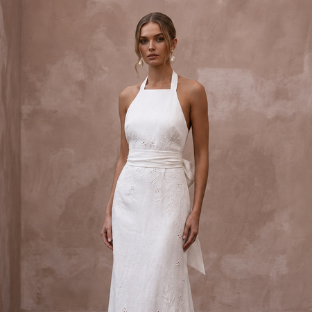 Simple White Linen Halter Dress for Post-Wedding Beach Brunch