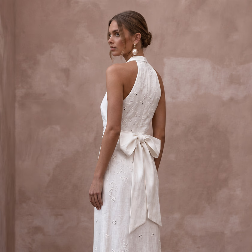 Simple White Linen Halter Dress for Post - Wedding Beach Brunch - Apparel & Accessories > Clothing > Wedding & Bridal Party Dresses > Wedding Dresses - Mignonette Bridal