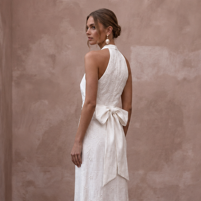 Simple White Linen Halter Dress for Post-Wedding Beach Brunch