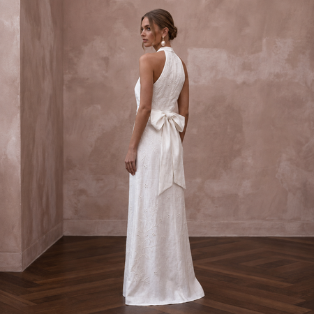 Simple White Linen Halter Dress for Post-Wedding Beach Brunch