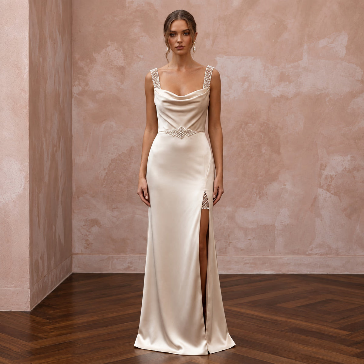 Sleek Champagne Stretch Silk Charmeuse Sheath Wedding Dress for After - Party - Apparel & Accessories > Clothing > Wedding & Bridal Party Dresses > Wedding Dresses - Mignonette Bridal Main image
