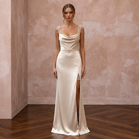 Sleek Champagne Stretch Silk Charmeuse Sheath Wedding Dress for After-Party