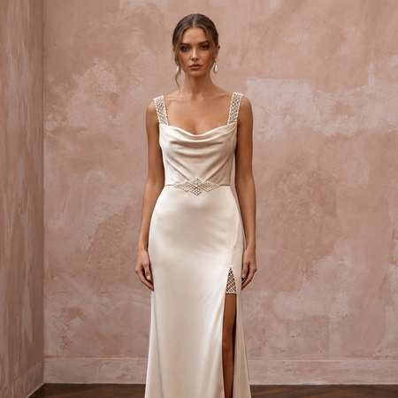 Sleek Champagne Stretch Silk Charmeuse Sheath Wedding Dress for After-Party