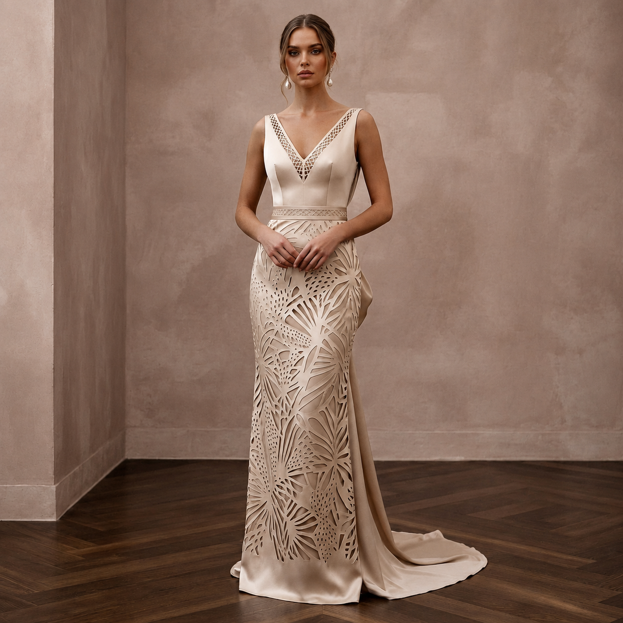 Sleek Champagne Stretch Silk Charmeuse Sheath for After-Party
