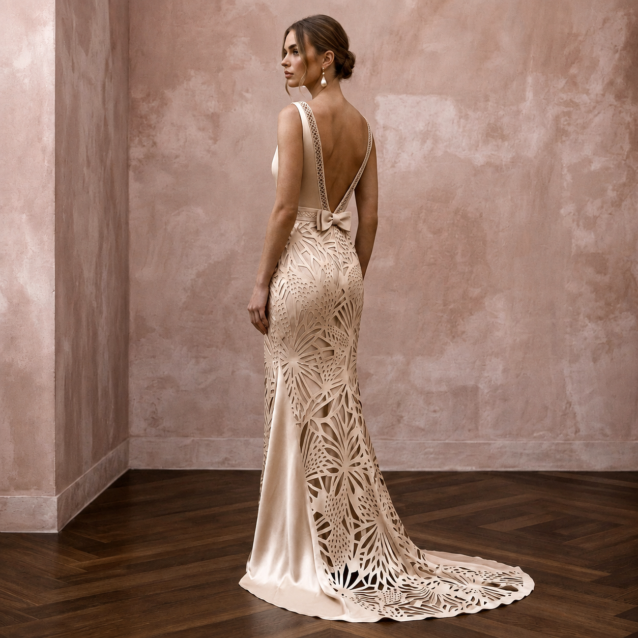 Sleek Champagne Stretch Silk Charmeuse Sheath for After-Party