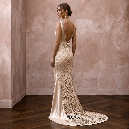 Sleek Champagne Stretch Silk Charmeuse Sheath for After-Party