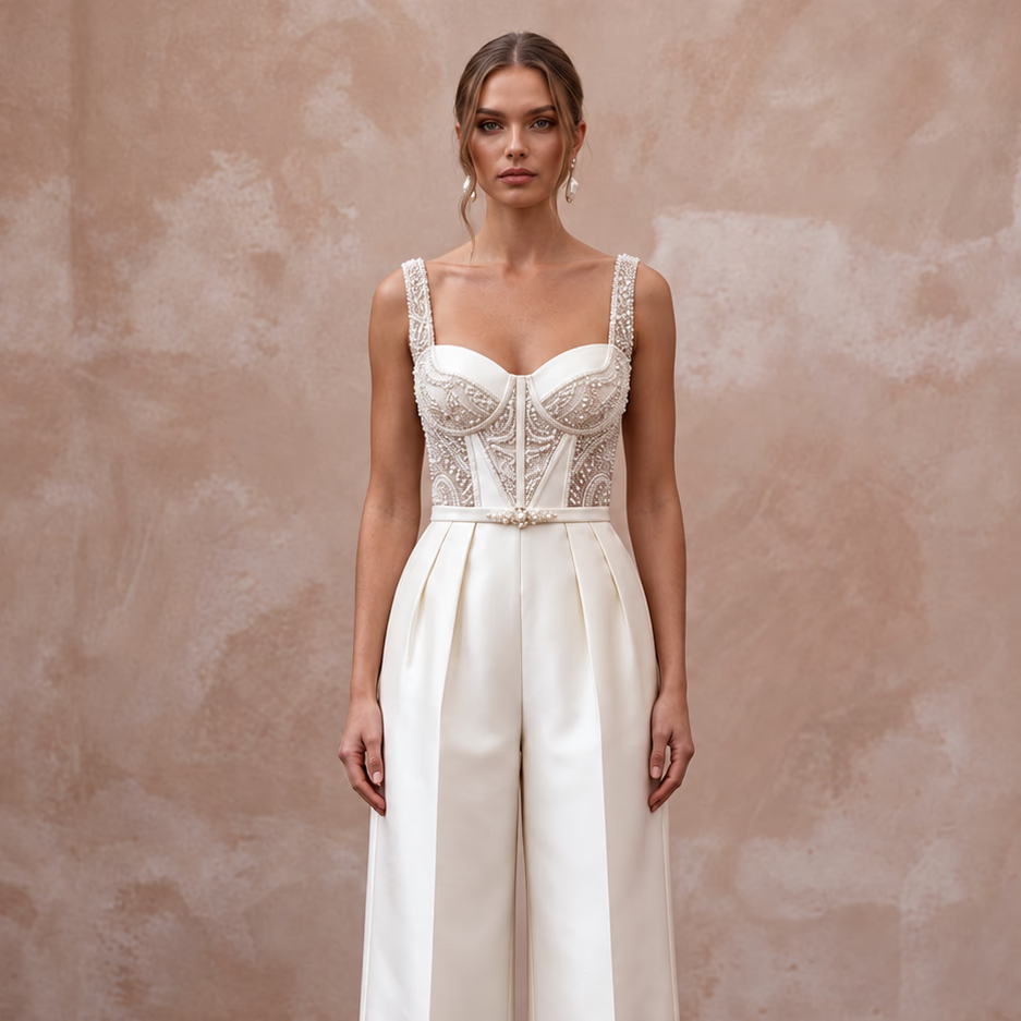 Sleek Cream Stretch Mikado Bridal Culotte Jumpsuit for Gallery Elopement