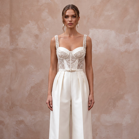 Sleek Cream Stretch Mikado Bridal Culotte Jumpsuit for Gallery Elopement