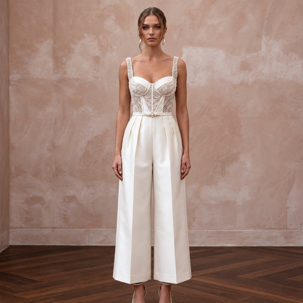 Sleek Cream Stretch Mikado Bridal Culotte Jumpsuit for Gallery Elopement