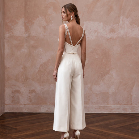 Sleek Cream Stretch Mikado Bridal Culotte Jumpsuit for Gallery Elopement