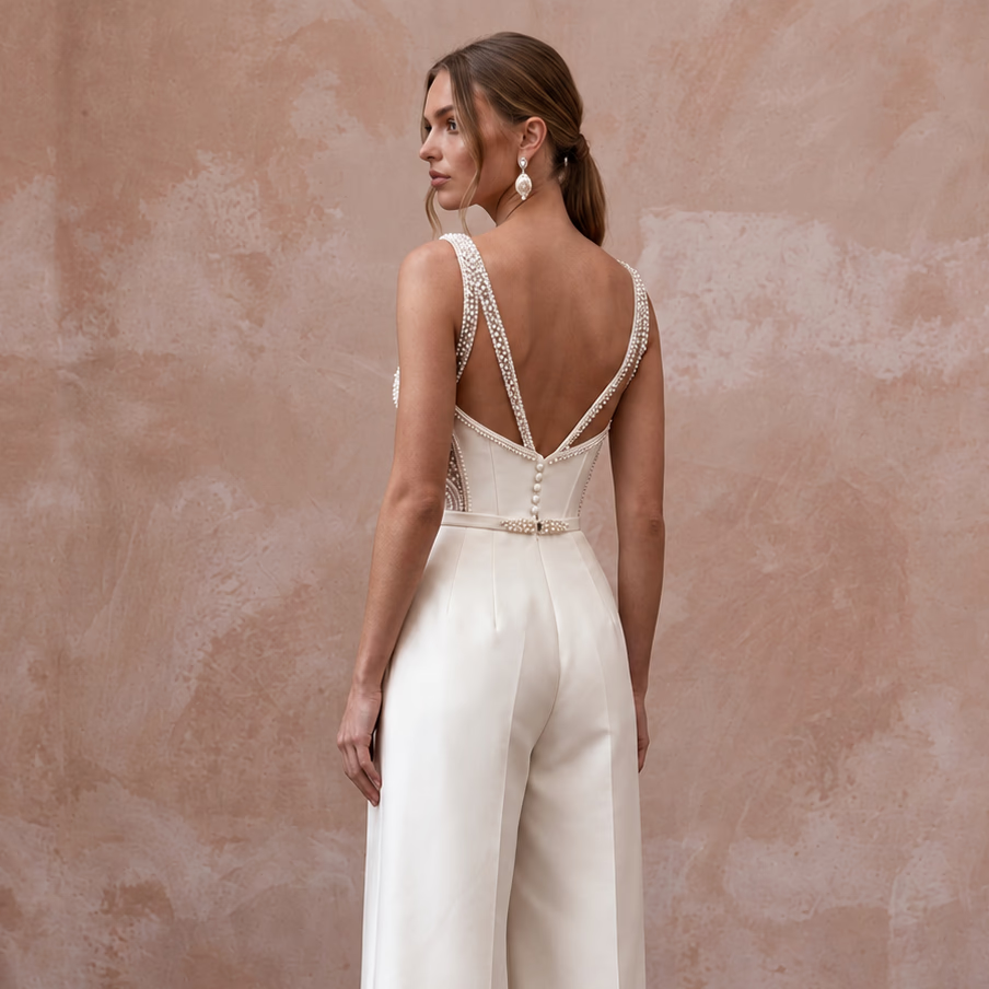 Sleek Cream Stretch Mikado Bridal Culotte Jumpsuit for Gallery Elopement