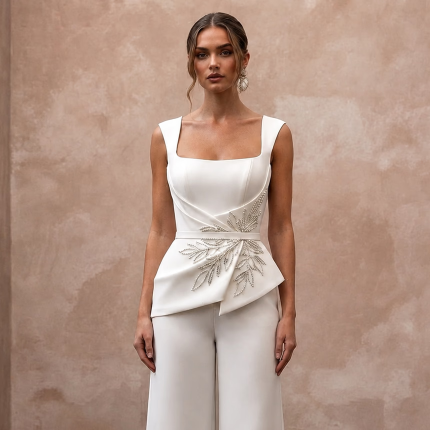 Sleek Cream Stretch Mikado Culotte Jumpsuit for Gallery Elopement - Apparel & Accessories > Clothing > Wedding & Bridal Party Dresses > Wedding Dresses - Mignonette Bridal