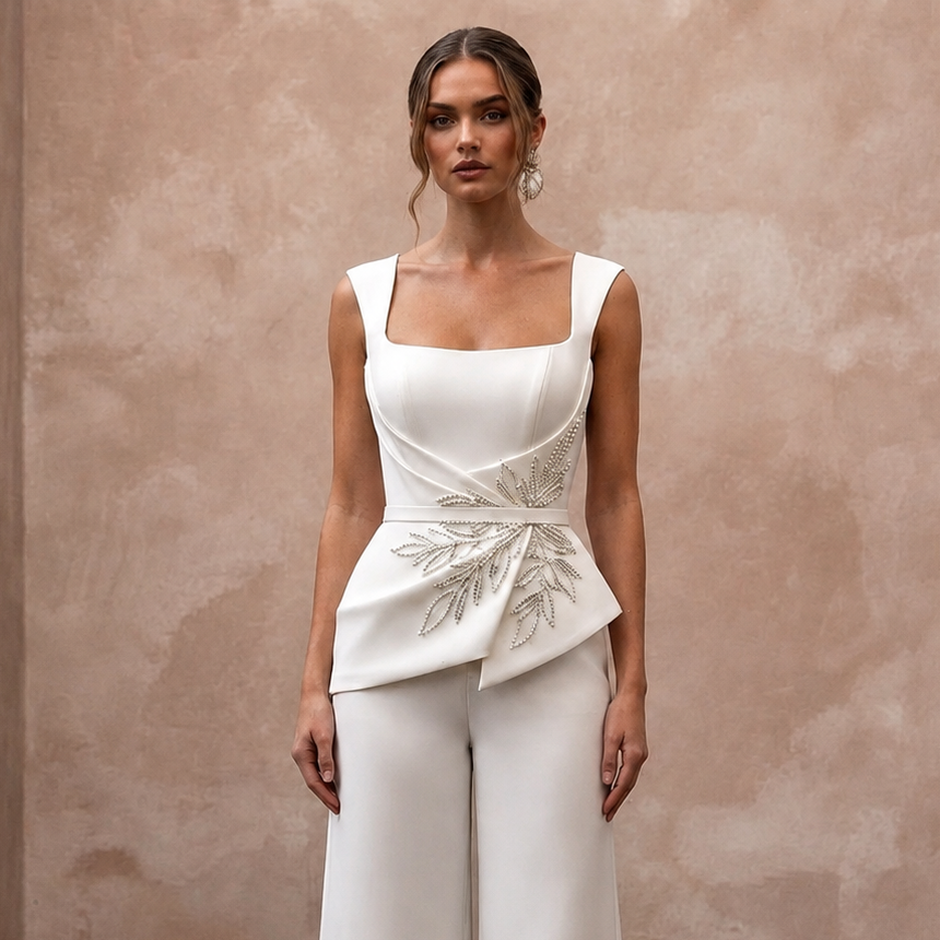 Sleek Cream Stretch Mikado Culotte Jumpsuit for Gallery Elopement