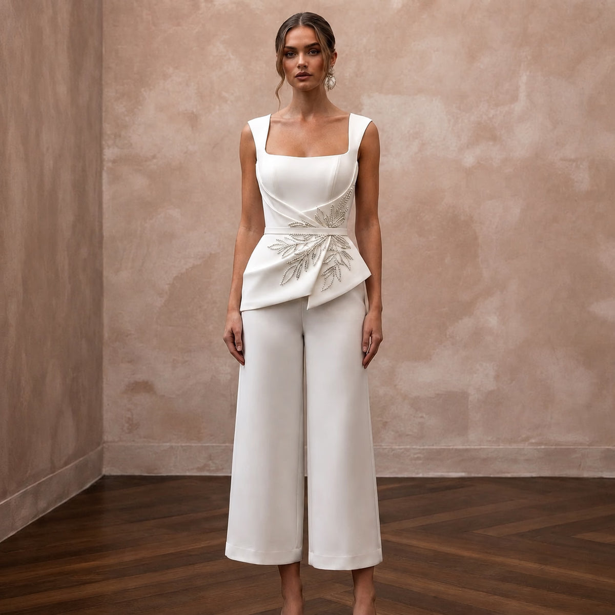Sleek Cream Stretch Mikado Culotte Jumpsuit for Gallery Elopement - Apparel & Accessories > Clothing > Wedding & Bridal Party Dresses > Wedding Dresses - Mignonette Bridal Main image
