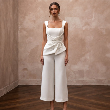 Sleek Cream Stretch Mikado Culotte Jumpsuit for Gallery Elopement - Apparel & Accessories > Clothing > Wedding & Bridal Party Dresses > Wedding Dresses - Mignonette Bridal