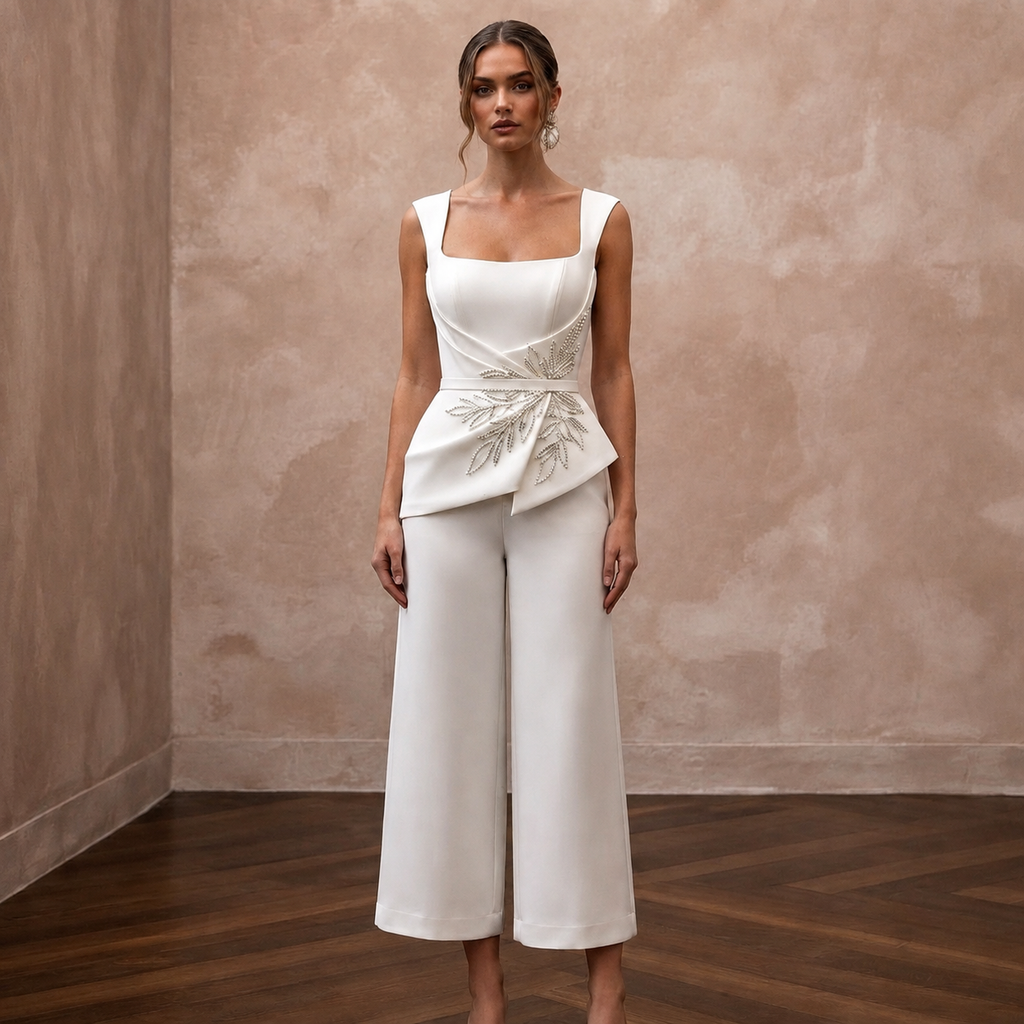Sleek Cream Stretch Mikado Culotte Jumpsuit for Gallery Elopement