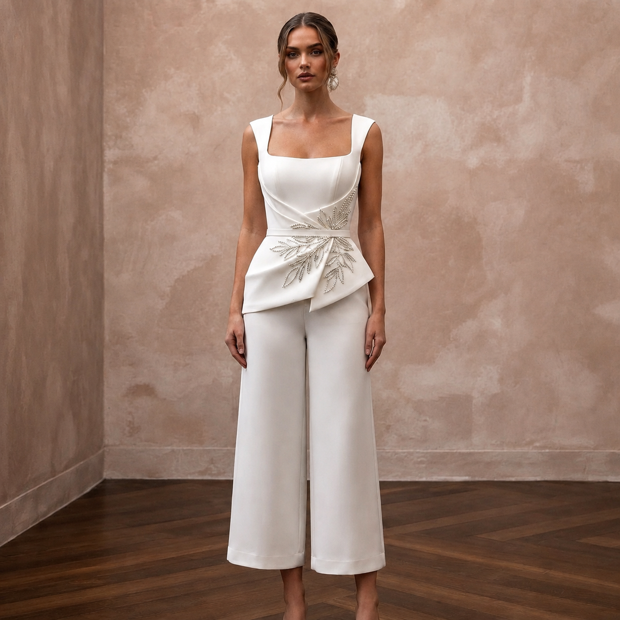 Sleek Cream Stretch Mikado Culotte Jumpsuit for Gallery Elopement