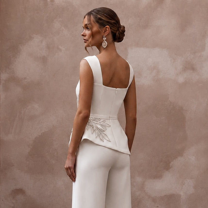 Sleek Cream Stretch Mikado Culotte Jumpsuit for Gallery Elopement - Apparel & Accessories > Clothing > Wedding & Bridal Party Dresses > Wedding Dresses - Mignonette Bridal