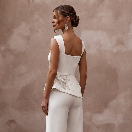 Sleek Cream Stretch Mikado Culotte Jumpsuit for Gallery Elopement - Apparel & Accessories > Clothing > Wedding & Bridal Party Dresses > Wedding Dresses - Mignonette Bridal