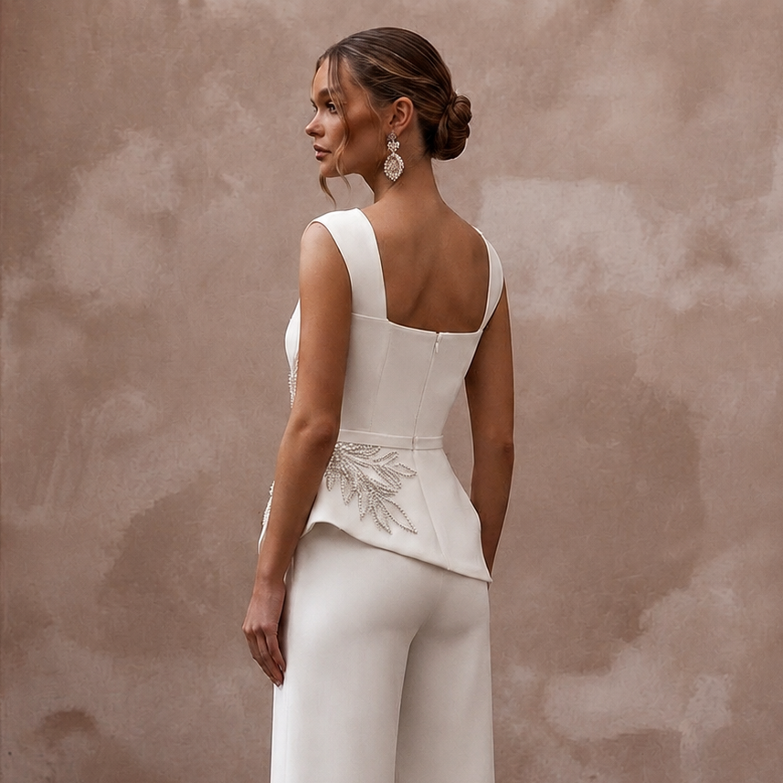 Sleek Cream Stretch Mikado Culotte Jumpsuit for Gallery Elopement